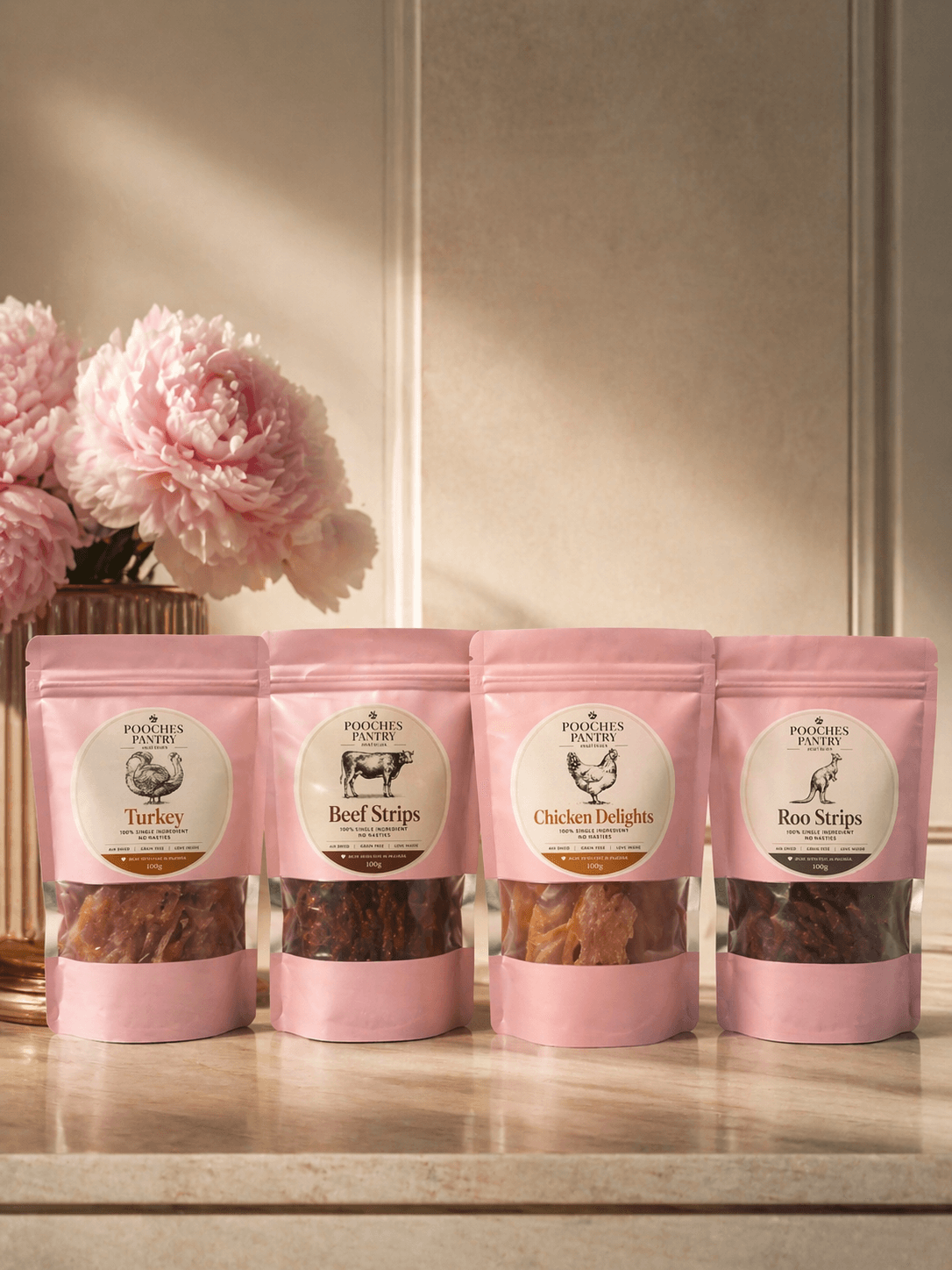 Pooches Pantry — Turkey, Beef, Chicken and Roo pouches lined up in our Prahran kitchen