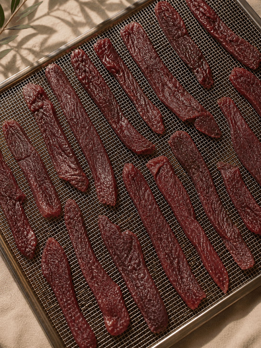 Hand-cut beef on the dehydrator tray