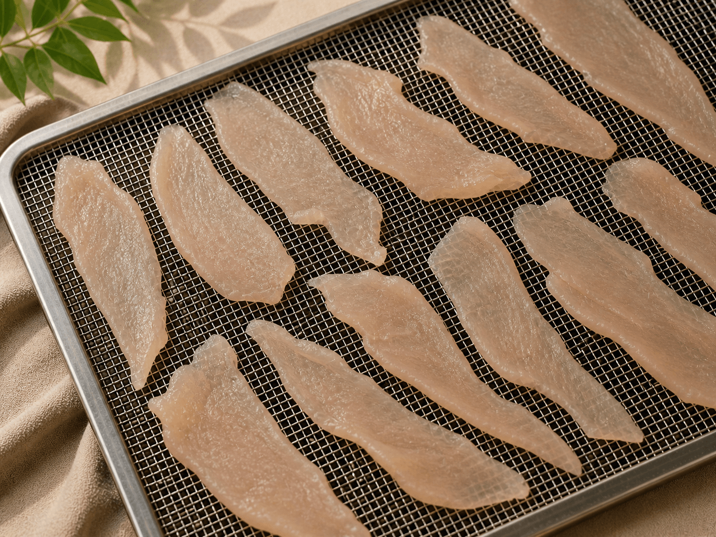 Hand-cut chicken on the dehydrator tray