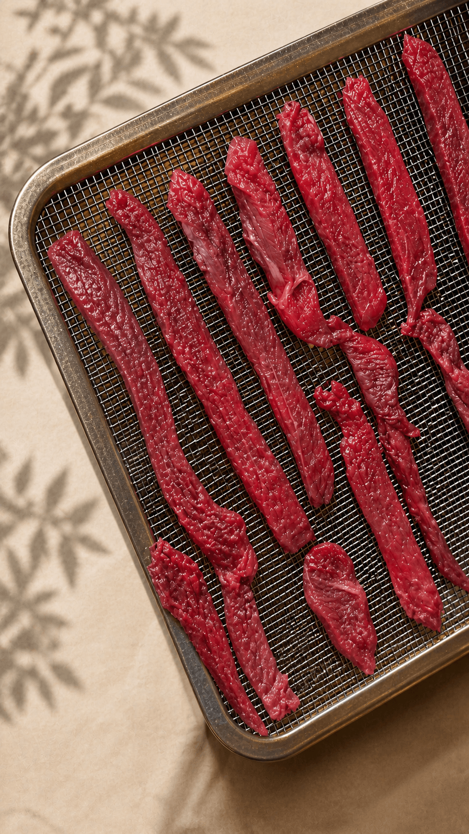 Hand-cut roo on the dehydrator tray