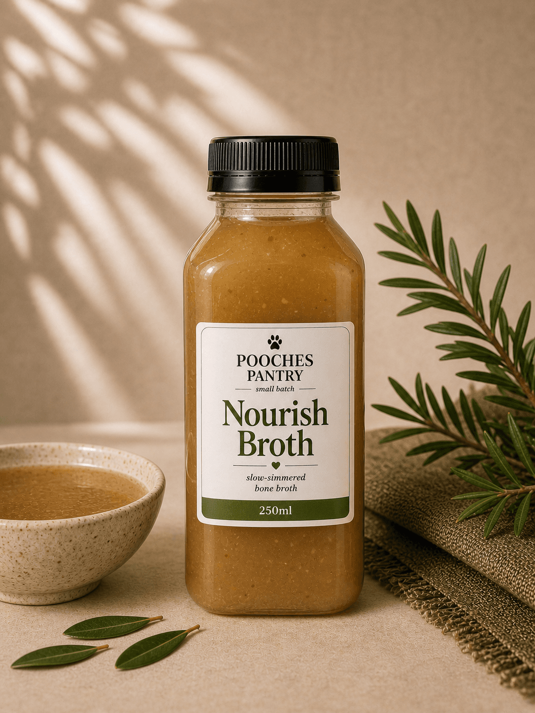 Pooches Pantry Nourish Bone Broth — slow-simmered for 24 hours